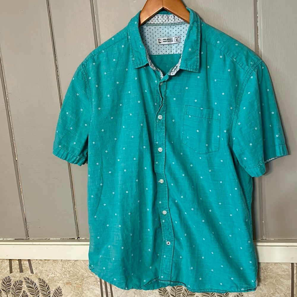 PROJEK RAW XL short sleeve button down shirt in white and minty green/blue EUC